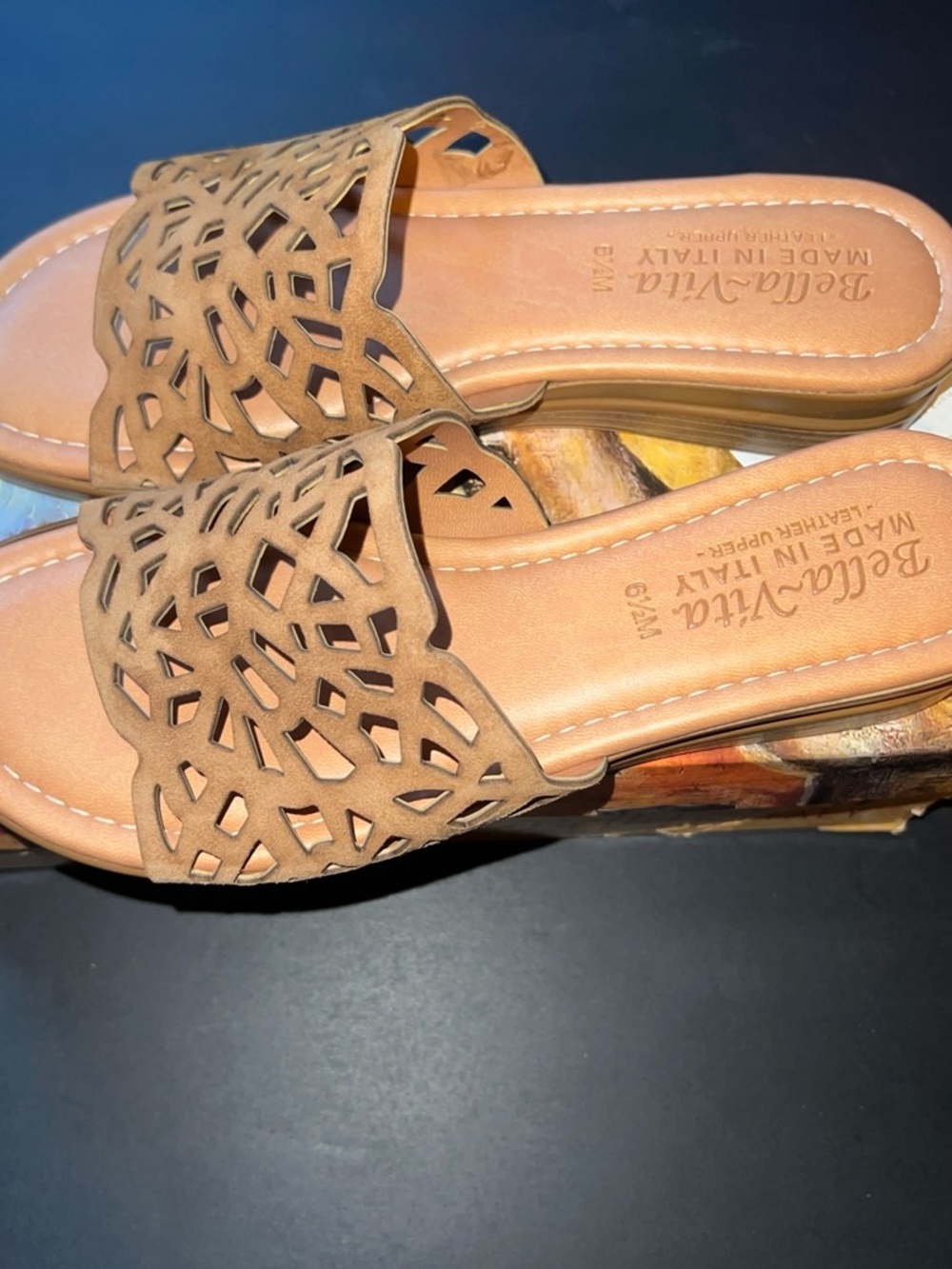 Bella Vita Tan Laser-Cut Slide Mules